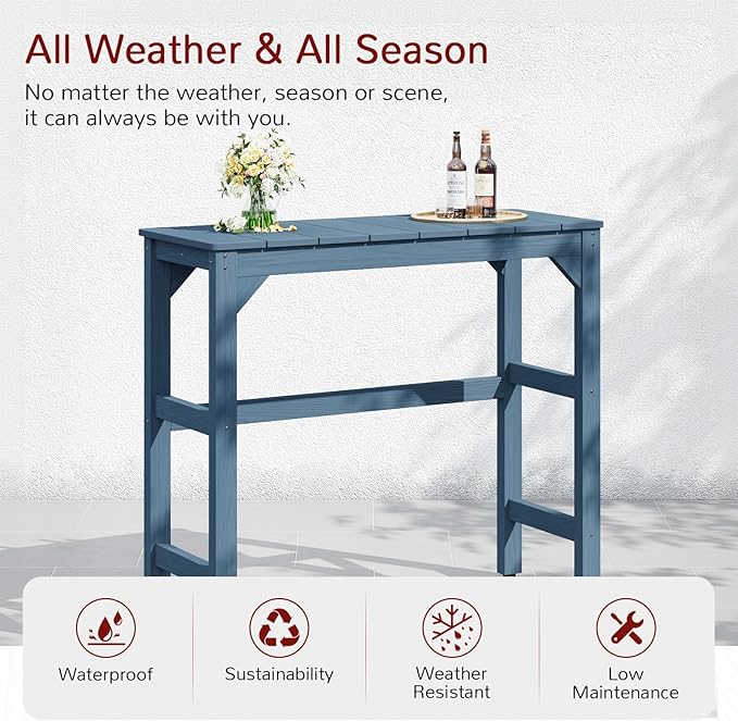 Stoog Patio Bar Table, All-Weather Outdoor Bar Height Table with Adjustable Feet, Low Maintenance, for Balcony, Deck, Porch, and Poolside, Blue