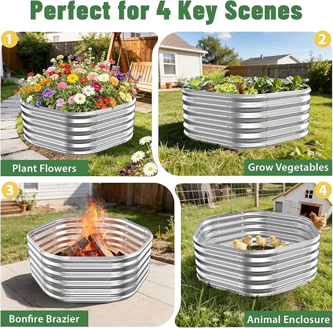 Hexagon Raised Garden Bed, 48 Inch Diagonal & 16.5 Inch Tall, Galvanized Steel Planter Box with Wave-Shaped Metal Panels for Outdoor Flower,Tree,Herb & Vegetable Garden (Silver, 4FT X 1.5FT)