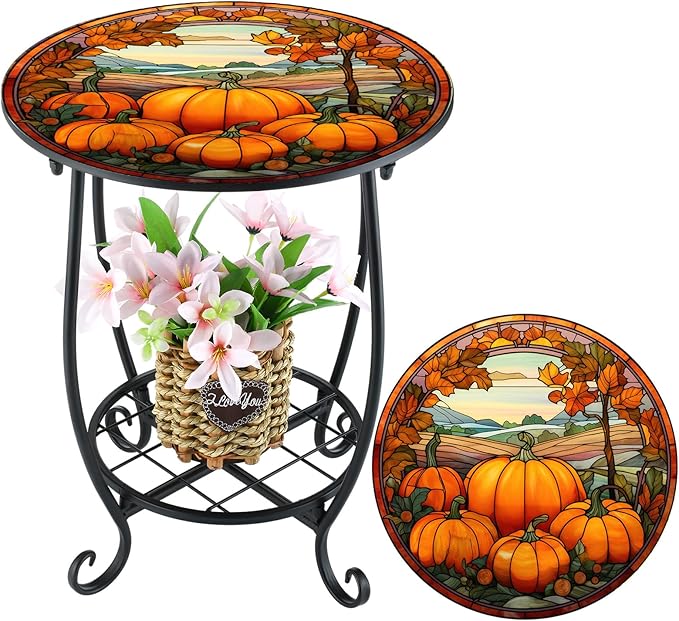 Outdoor Side Table Round Small Mosaic Patio Accent Indoor End Plant Coffee Tea Table for Yard Patio Porch Garden Living Room, Bedroom(Pumpkin Style,14 Inch)