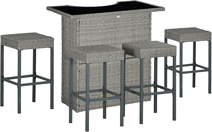 Outsunny 5 Piece Wicker Outdoor Bar Set, High Top Outdoor Table and Chairs, Bar Height Patio Set with Glass Table Top 2 Tier Storage Shelf and 4 Bar Stools for Garden, Poolside, Gray