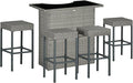 Outsunny 5 Piece Wicker Outdoor Bar Set, High Top Outdoor Table and Chairs, Bar Height Patio Set with Glass Table Top 2 Tier Storage Shelf and 4 Bar Stools for Garden, Poolside, Gray