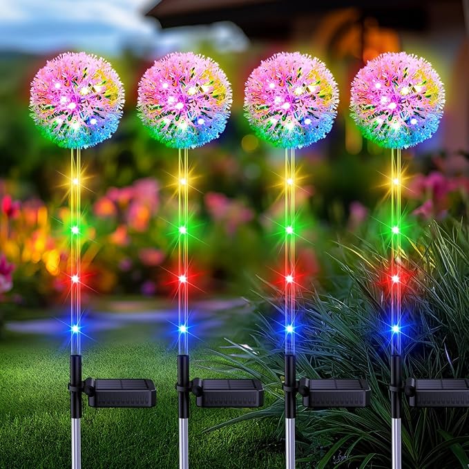 Solar Garden Lights Outdoor Decor: 4 Pack Dandelion Solar Flower Lights, 2 Modes 16 LED Colored Solar Lights for Outside, Waterproof Decorative Flowers for Yard, Patio, Gifts for Women Mom
