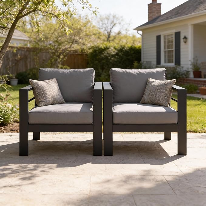 Kiss the Water Outdoor Patio Metal Furniture Chair, 2 PCS All-Weather Aluminum Outdoor Sofa with 5" Thick Soft Cushion and Wide Arm, Deep Seating Patio Couch for Balcony, Porch, Backyard