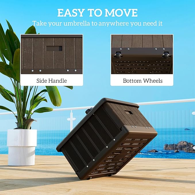 Outsunny 3-in-1 Outdoor Umbrella Base, Coffee End Table, Planter Box with Drain Hole, 175 lbs. Capacity Heavy Duty Fillable Patio Umbrella Stand Table with Wheels and Handles for Deck, Poolside, Brown