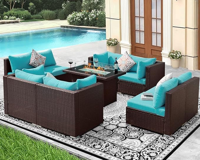NICESOUL 9 Piece Large Outdoor Patio Furniture Set with Fire Pit Propane/Natural Gas, 29.3'' High Back Comfy Rattan Modular Sectional for 8, Deep Seat Conversation Sets, Brown Rattan and Teal Cushion