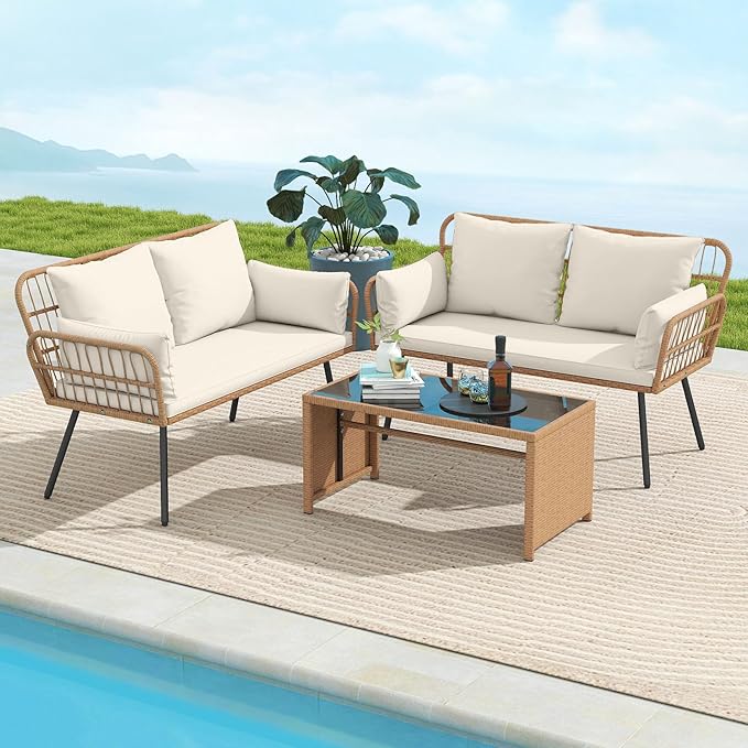Tangkula Patio Wicker Loveseat, Outdoor Rattan 2-Seat Cushioned Sofa with Heavy Duty Metal Frame, for Backyard,Porch,Poolside (Off White)