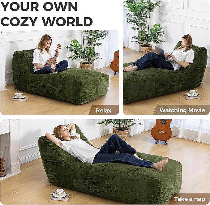 Giant Bean Bag Lounger Chair for Adults with Soft & Cozy Plush Fabric,Memory Foam Filled Beanbag Chair for Family Living Room,Bedroom and Game Room (Olive Green)