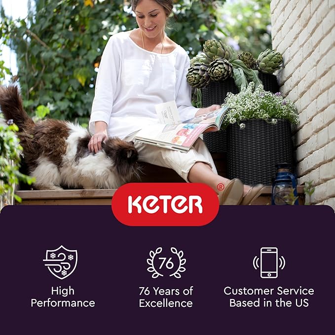 Keter Cylinder Set of 3 Rattan Resin Planter for Indoor and Outdoor Plants Ideal Decorative Planter for Porches and Patio Decor, Black