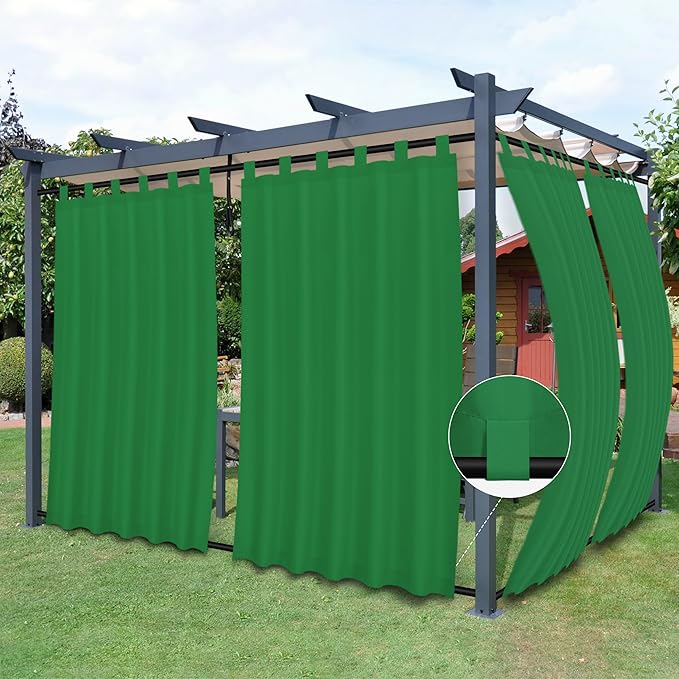 Easy-Going Outdoor Patio Curtains Detachable Tab Top Windproof Weatherproof Curtain for Cabana, Porch, Pergola and Gazebo, Tab Bottom Drape, 2 Panels, 54W x 108L inch, Green