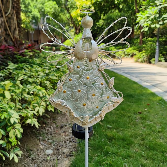 38Inch Angel Solar Lights Outdoor Decorative-Metal&Glass Angel Hydrangea Flower Garden Stake Lawn Light- Waterproof 30 Warm White LED for Remembrance Gifts & Grave Decorations (White)