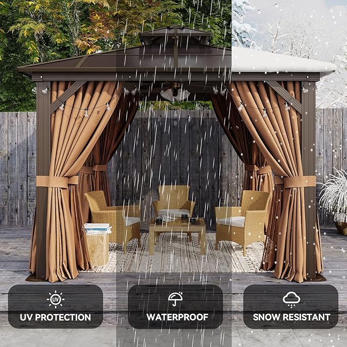 Aoxun 10'x10' Hardtop Gazebo, Outdoor Polycarbonate Double Top Canopy, Aluminum Frame Gazebo with Netting and Curtains, Sunshade for Patios, Gardens, Lawns