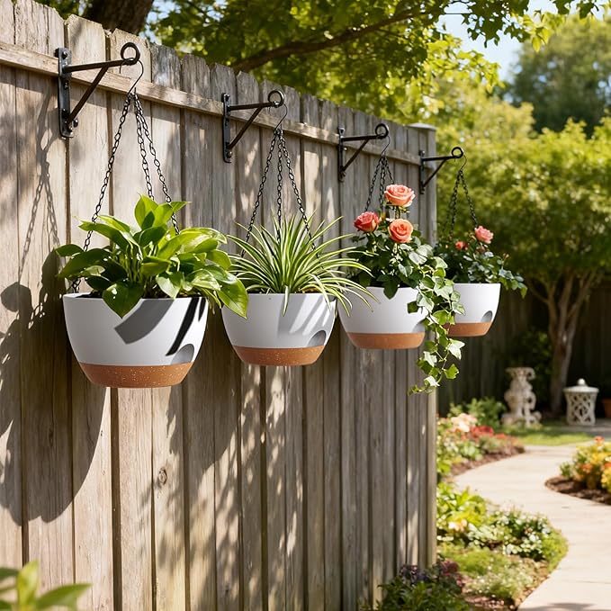 4 Pack 8 Inch Self Watering Hanging Planters for Indoor Outdoor Plants，Hanging Pots for Plants with Drainage Removable Tray, Hanging Baskets Flower Pots for Pothos Garden Porch White with Brown