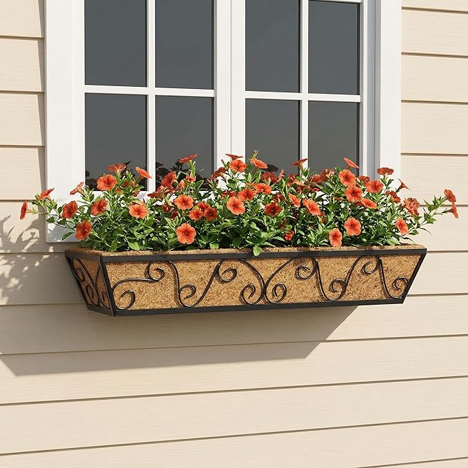 Y&M 30 Inch Butterfly Window Deck with Coco Liner, Fence Metal Hanging Flower Planter Window Basket Deck Railing Planter Boxes for Outdoor Garden Lawn 4pcs