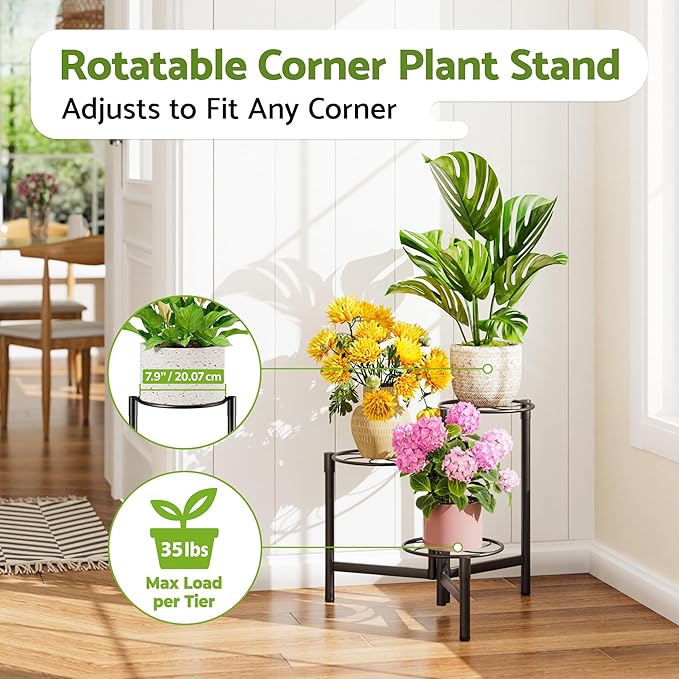 3 Tier Plant Stand Outdoor Tall Metal Corner Plant Stand for Patio Garden Balcony Living Room Bedroom Indoor Tiered Plant Shelf Black Kite