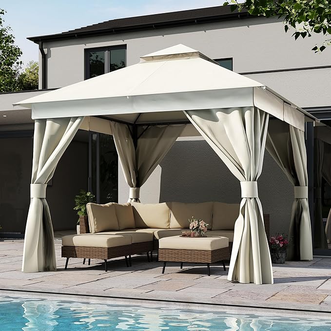 LAUSAINT HOME Semi-Permanent Outdoor Patio Gazebo 10'x10', Heavy Duty Party Tent Shelter with Double Roofs, Mosquito Nettings and Privacy Screens for Backyard, Garden, Lawn, Cream White
