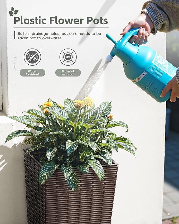 Greesum Set of 2 Tall Plastic Planters with Saucer, 24 Inch Large Pots with Drainage Trays, Weather-Resistant Plastic Plant Containers for Patio, Porch, Garden,Brown