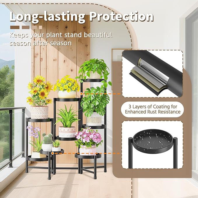 LASZOLA 8 Tiered Folding Tall Plant Stand Indoor for Multiple Large Planter, Heavy Duty Metal Adjustable Flower Rack for Narrow Corner, Sturdy Vertical Spiral Shelving Holder for Modern House, Black