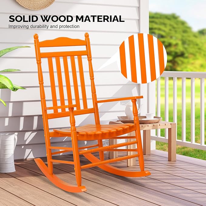 VINGLI Wooden Rocking Chair, Outdoor Chair with 450 lbs Support, Relaxing Rocker with Solid Wood High Back Seat Reclining Seat for Deck, Garden, Backyard, Porch, Indoor or Outdoor Use (Orange, 1PC)