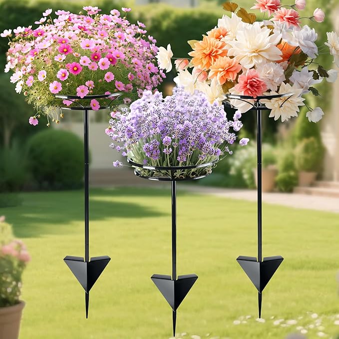 Tellingyou 3 Pack Adjustable Outdoor Flower Pot Stand, Metal Outdoor Plant Stands, Spring Summer Versatile Plant Stand Garden Stake for Display Plants, Elegant Solution for Landscaping Decor (Black)