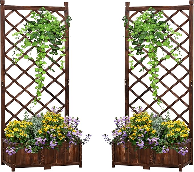 Anraja Raised Garden Bed Planter with Trellis Outdoor Wood Box 67in Set of 2 Flower Standing Planter Box Privacy Lattice Panels with Legs for Patio Porch w/Drainage Holes 29.5" L x 17.0" W x 67.0" H