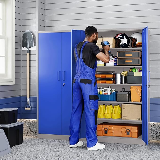 Yizosh Metal Garage Storage Cabinet with 2 Doors and 5 Adjustable Shelves - 71" Steel Lockable File Cabinet,Locking Tool Cabinets for Office,Home,Garage,Gym,School (Gray Blue)