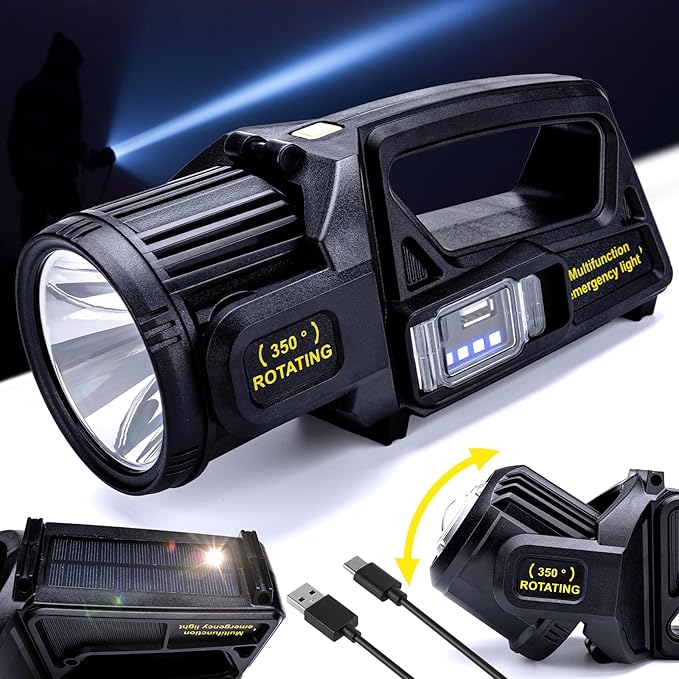Rechargeable Spotlight Flashlight, Peascat 2,000,000L Lumens LED Handheld Spot Light, 350° Rotatable, 9 Modes, Solar & USB-C Charging, Waterproof, Emergency Flashlight for Camping, Outdoor, Car Repair