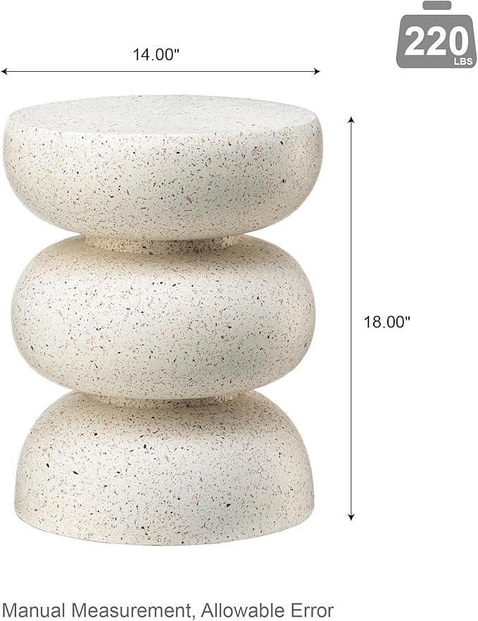 Glitzhome Outdoor Side Table, 18" H Decorative Garden Stool MGO Faux Terrazzo End Table, Heavy Duty Indoor Outdoor Round Planter Stand for Living Room Bedroom Patio Deck Poolside,White