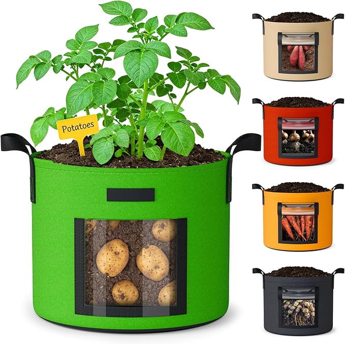 10 Gallon Potato Grow Bags: Set of 5 Colorful Gardening Supplies Fabric Pots with Harvest Window Reinforced Handles - Planting Container for Vegetable Tomatoes Carrot Flowers Balcony Patio Use