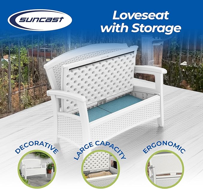 Suncast Elements Stylish Lightweight Loveseat Outdoor Seating with Convenient Built In Universal Storage, and All Weather Plastic, White