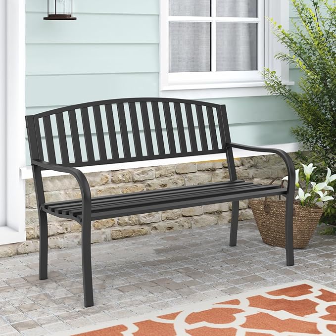 Outdoor Bench Garden Bench, Weatherproof Anti-Rust Heavy-Duty Outside Benches Clearance, Wrought Iron Metal Bench for Front Porch, Patio, Park