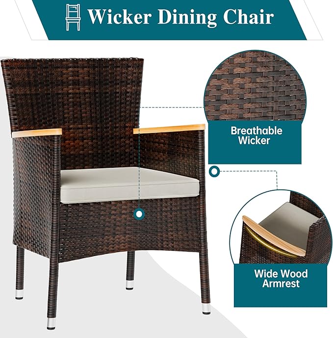 Shintenchi 5 PCS Patio Dining Set, Wicker Outdoor Table and Chairs with Soft Cushions, Patio Furniture Set with Wood Table Top for Backyard, Deck and Garden, Brown Rattan