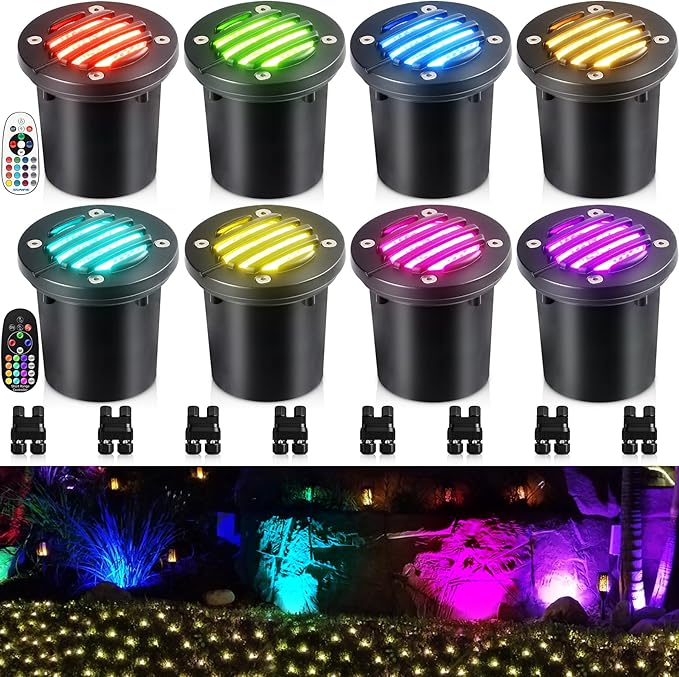 SUNVIE RGBW Well Lights Landscape LED In Ground Color Changing Low Voltage Well Lights 12-24V Waterproof Outdoor Landscape Lighting Grated Top In Ground Light for Pathway Garden Yard ETL, 8 Pack