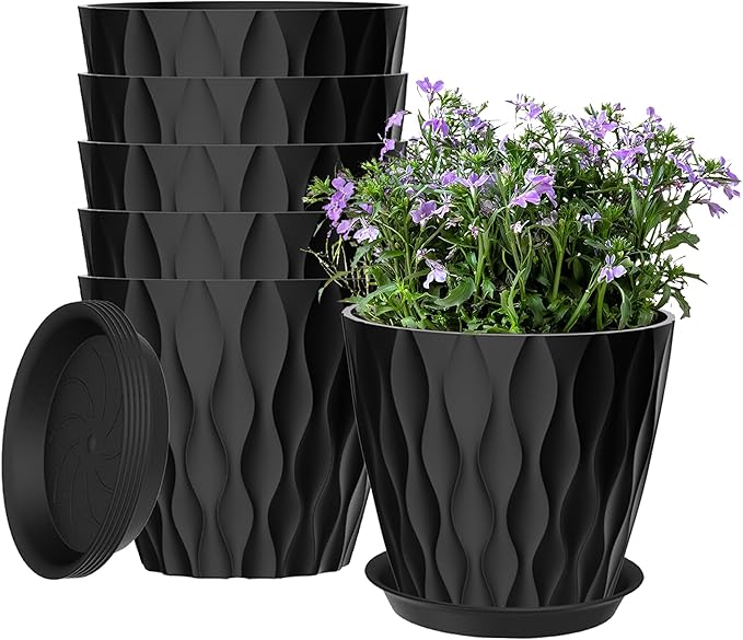 6 Pack 7 Inch Plant Pots with Drainage and Saucers, Black Plastic Flower Pots for Indoor and Outdoor Plants, Stackable Nursery Planters for Houseplants and Herbs, Black