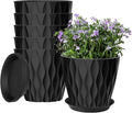 6 Pack 7 Inch Plant Pots with Drainage and Saucers, Black Plastic Flower Pots for Indoor and Outdoor Plants, Stackable Nursery Planters for Houseplants and Herbs, Black