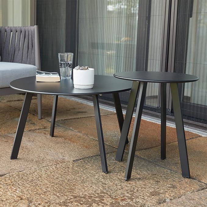 Patio Outdoor Coffee Table Set of 2 - Weather Resistant Outdoor Round End Table Modern Coffee Tables for Living Room Balcony Home Office (Black)