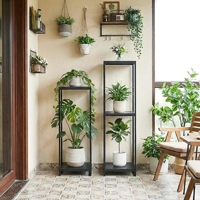 34" Tall Plant Stand Indoor, 2-Tier Modern Plant Shelf, Corner Flower Pot Holder Organizer for Living Room Balcony Patio Garden (Black)