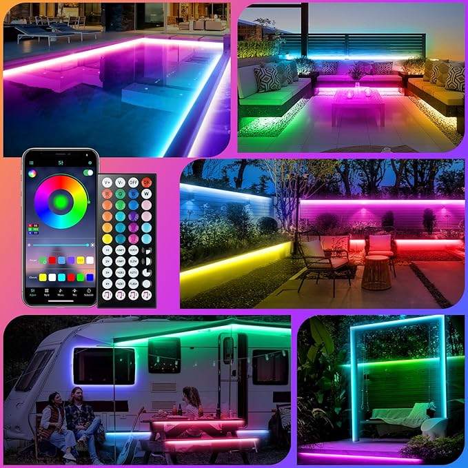 150Ft Outdoor LED Strip Lights, IP68 Waterproof Color Changing RGB LED Light Strips with IR Remote and APP, 24V Music Sync Led Rope Lights,Flexible Outdoor DIY Tape Lights for Balcony Deck Garden Pool