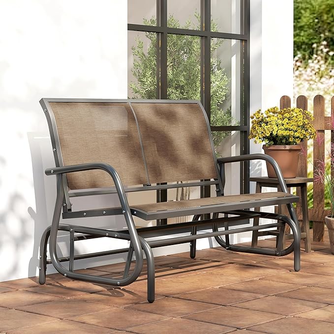 Outsunny 2-Person Outdoor Glider Bench, Patio Double Swing Rocking Chair Loveseat w/Powder Coated Steel Frame for Backyard Garden Porch, Light Mixed Brown