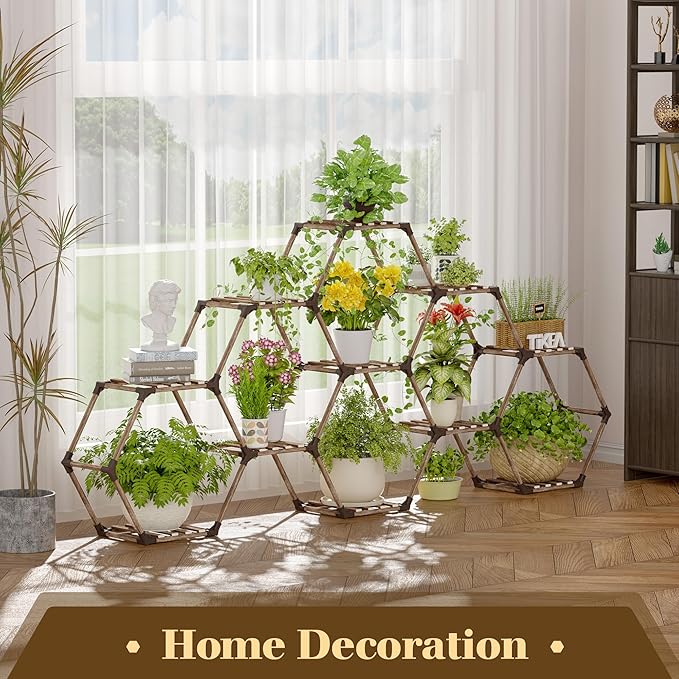 Tikea - Hexagonal Plant Stand Indoor Outdoor Large 11 Tiered Wooden Plant Shelf Indoor Creative Flower Decor for Living Room Balcony Patio