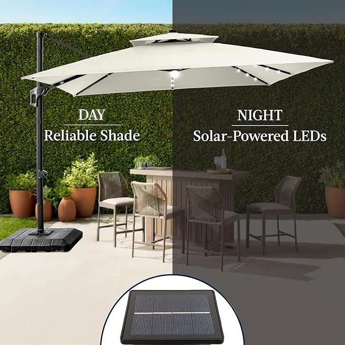 Best Choice Products 9x12ft LED Cantilever Patio Umbrella w/Base Included & 360° Rotation, Large Solar Offset Hanging Outdoor Sun Shade for Deck, Backyard Table w/Stand & Lights – Ivory