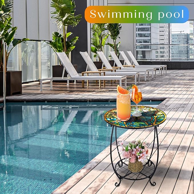 Outdoor Side Table Round Small Mosaic Patio Accent Indoor End Plant Coffee Tea Table for Yard Patio Porch Garden Living Room, Bedroom(Butterfly Style,12 Inch)