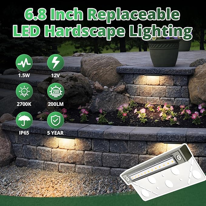GKOLED 8Pack 6.8 Inch LED Low Voltage Hardscape Lighting, Outdoor Paver Lights, Retaining Wall Lights, Light Module Replaceable, Landscape Step Lights, Die-cast Aluminum Housing, 2700K Gray