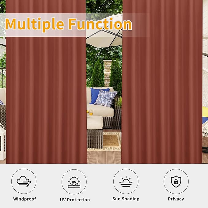 Easy-Going Outdoor Patio Curtains Detachable Tab Top Windproof Weatherproof Curtain for Cabana, Porch, Pergola and Gazebo, Tab Bottom Drape, 2 Panels, 54W x 108L inch, Terra Red