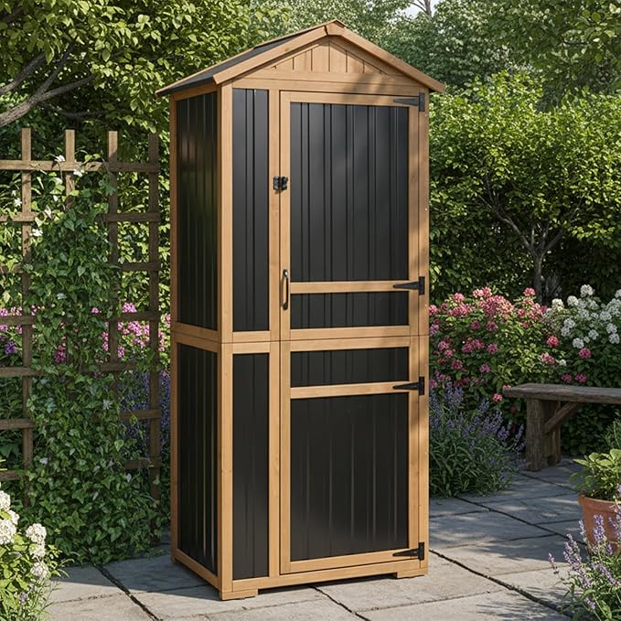 Outdoor Storage Cabinet, Wood & Metal Garden Shed with Waterproof Asphalt Roof, Patio Organizer with 3 Fixed Shelves & Removable Shelf for Long Tools, Lockable Magnetic Doors for Backyard Garage Pool