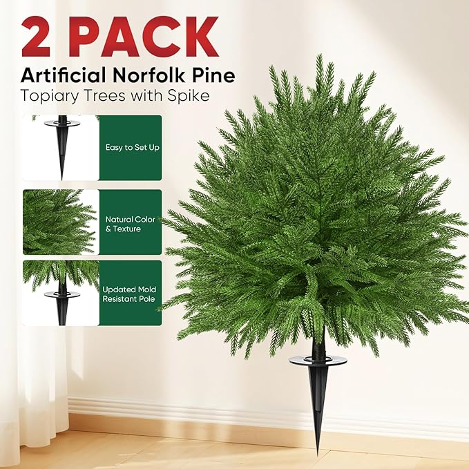 2 Set of 23.6" Artificial Norfolk Tree for Outdoor Front Porch Decor, Boxwood Ball Fake Shrubs UV Resistant Faux Plants for Indoor Outdoor