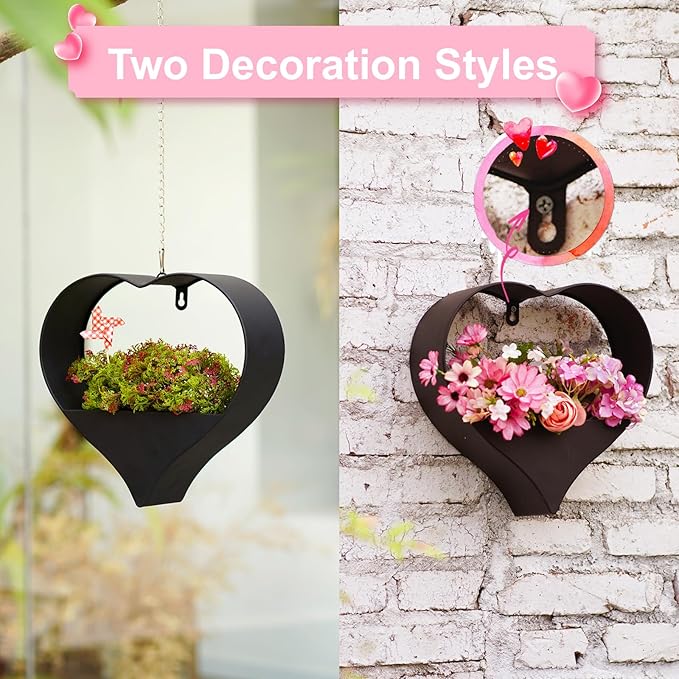 Metal Plant Hangers Indoor and Outdoor for Mom Women Her Wife Garden Lovers Birthday - Heart Shape Hanging Planters for Window Wall Living Room Office Decor(Black)