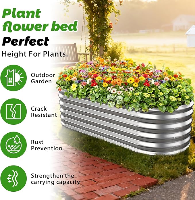 17" Tall Outdoor Garden Raised Garden Bed Kits, 5ft X 2ft Oval,0.8MM Thick Metal Raised Planter Bed/Ground Planter Box for Variety of Flowers,Herbs,Vegetables (Silver, 60X24X16.5 Inches)