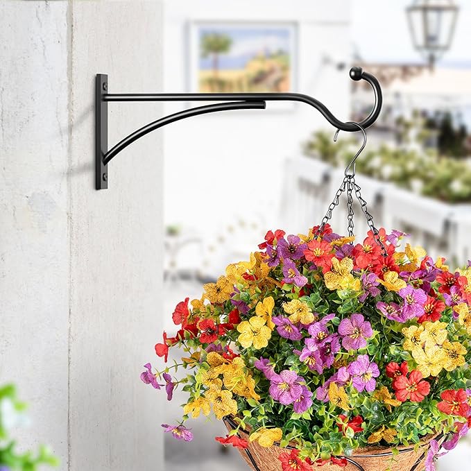 8 Inch 2 Pack Heavy Duty Plant Hangers Outdoor, Metal Plant Brackets for Hanging Baskets, Plant Wall Hooks for Bird Feeders, Wind Chimes & Lanterns, Premium Metal Hooks Matte Black, 30lbs Capacity
