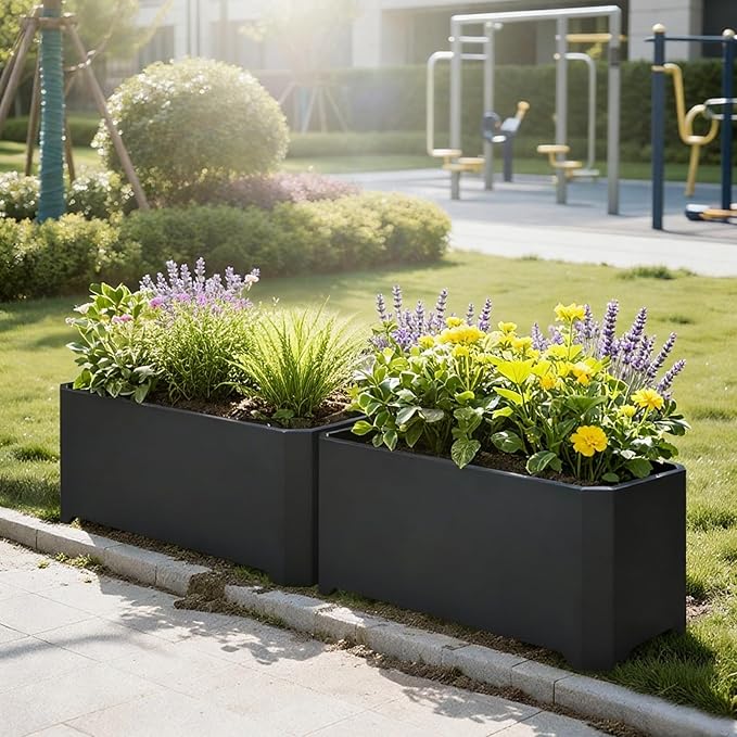 Steel Planter Box-36"x15"x15"-Large Rectangular Planters for Outdoor Plants, Black Matel Planter Box Raised Support Feet for Patio, Deck, Garden, Yard, Drain Holes, Easy Assembly