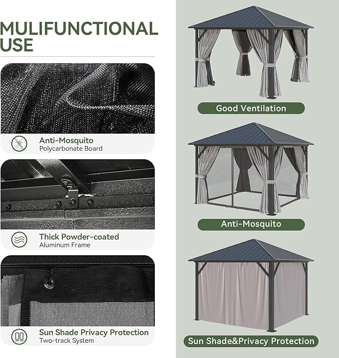 Aoxun Hardtop Gazebo 10x10, Aluminum Frame Canopy with Galvanized Steel Roof, Outdoor Gazebo with Breathable Netting and Privacy Curtain for Backyard